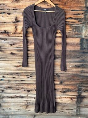 PAIGE | Wool Blend Brown Ribbed Long Sleeve Scoop Neck Knit Dress S